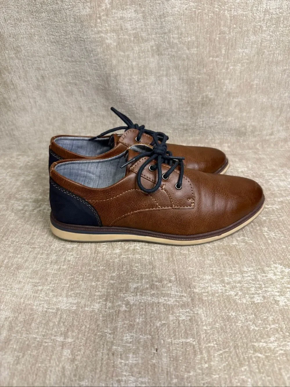 Max + Jake Boys Faux Leather Oliver Oxford Dress Shoes Cognac Brown Navy Size 6M